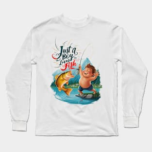 Joyous Boy Reeling in a Big Catch on Tranquil Lake Long Sleeve T-Shirt